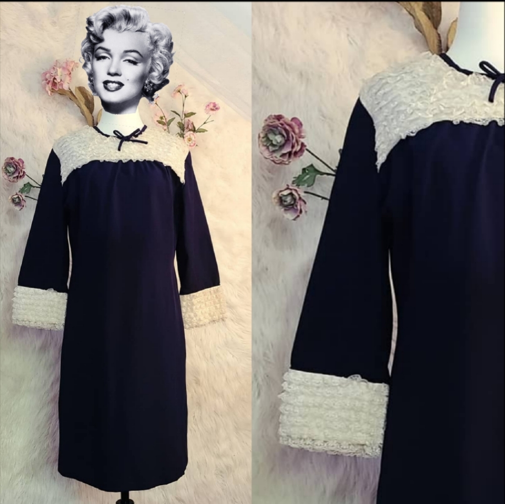 Sweet and Innocent- Vintage 1950s Navy dresss with ruffled neck and ruffled cuff